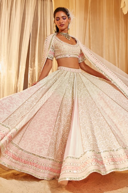 House of Exotique Ivory Georgette Embroidery Round Neck Ombre Embellished Lehenga Set 