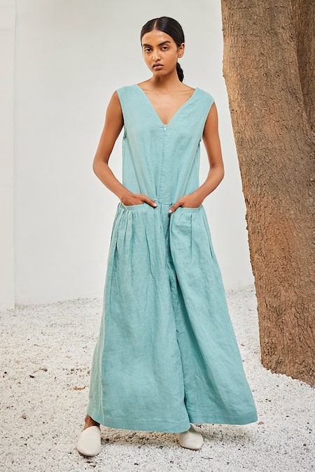 Kharakapas Morning Sky Solid Linen Jumpsuit 