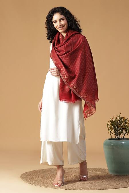 Shingora Maroon Jacquard Stripe Pattern Stole 