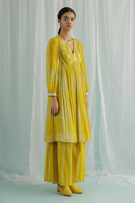 Surbhi Gupta Yellow Anarkali Georgette Printed Polka Dots V Aila And Trouser Set