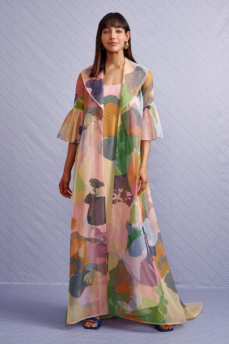 Pankaj & Nidhi Hibiki Abstract Pattern Dress With Cape 