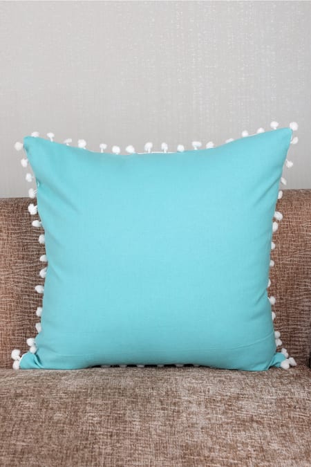 My Gift Booth Blue Linen Pom-pom Border Square Shape Cushion