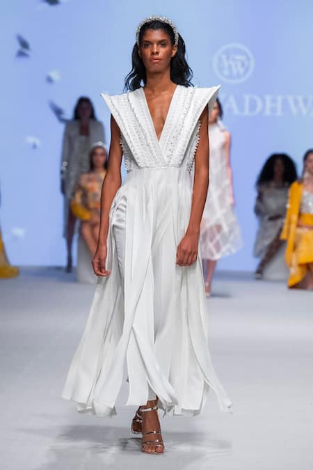 Vidhi Wadhwani_Ivory Crepe Sequins, Applique V-neck Kate Structured Tunic And Pant Set _Online_at_Aza_Fashions