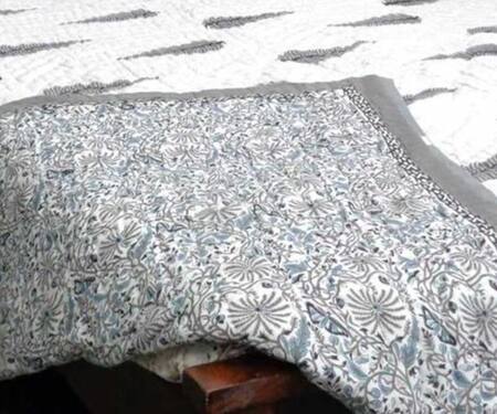 Cocobee Grey Cotton Printed Tree And Floral Hand Block Quilt