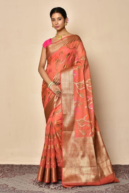 Nazaakat by Samara Singh Orange Saree Banarasi Cotton Silk Mina Jaal Woven Floral 