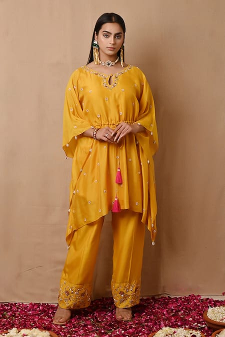 Label Nitisha Yellow Cotton Silk Embroidered Pearl Keyhole Boat Asymmetric Kaftan And Pant Set 