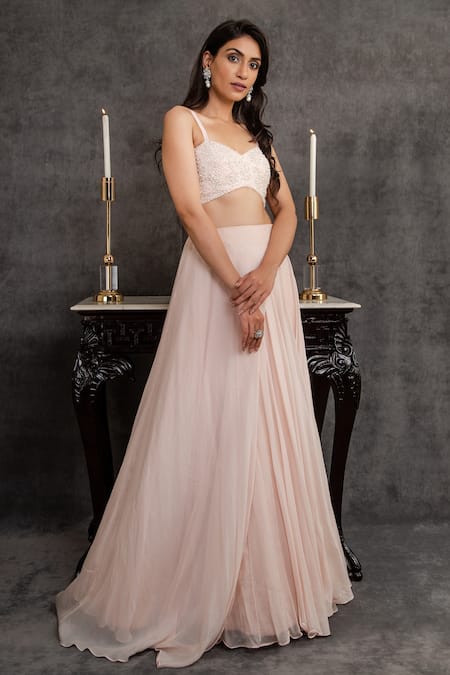 Sunita Bhandari Pink Viscose Organza Embroidery Bead Sweetheart Asymmetric Lehenga And Blouse Set 