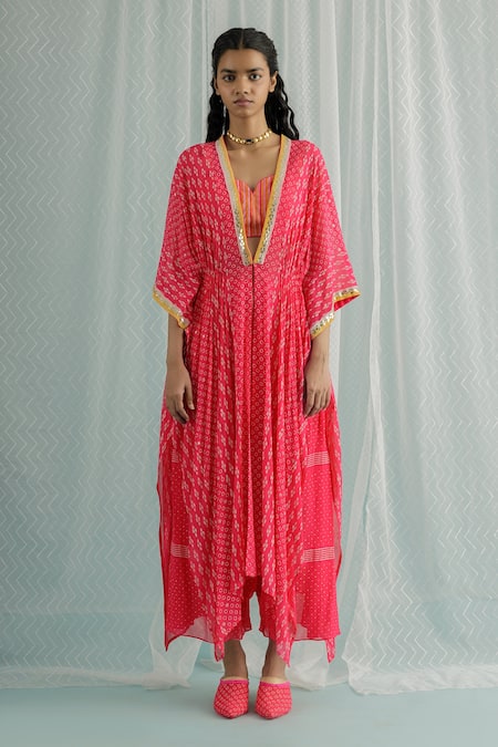 Surbhi Gupta Pink Cape And Trouser Georgette Block Print Geometric Deep Nino Set  