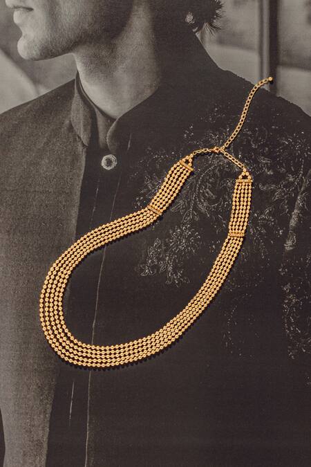 Shop_Tarun Tahiliani_Gold Pearls Long Layered Mala _at_Aza_Fashions