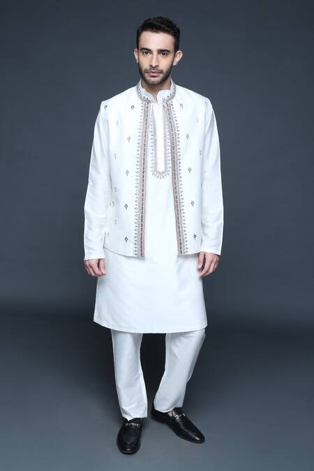 Sanjev Marwaaha_Ivory Cotton, Silk Sequins, Beads Floral Hand Embroidered Bundi Kurta Set_Online_at_Aza_Fashions