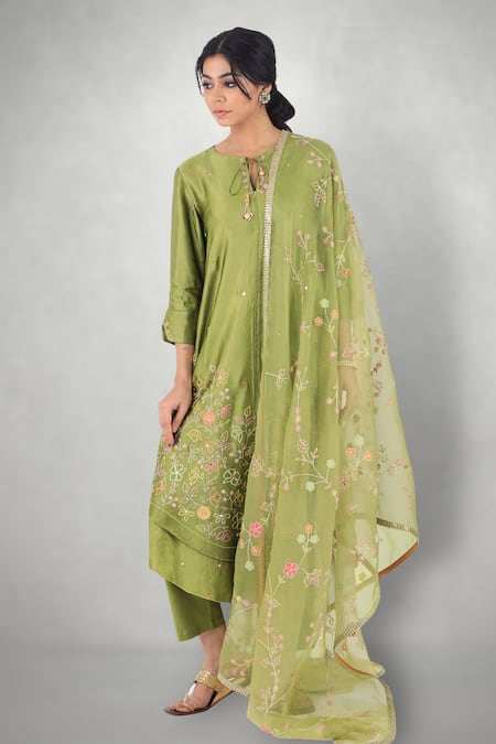 I Am Design Linen Satin Embroidered Kurta Pant  Set 