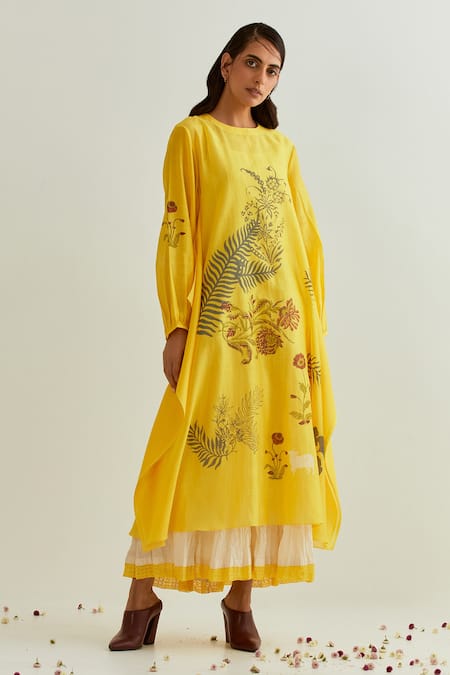 Prama By Pratima Pandey Yellow Chanderi Round Neck Hand Block Print Dress With Inner 