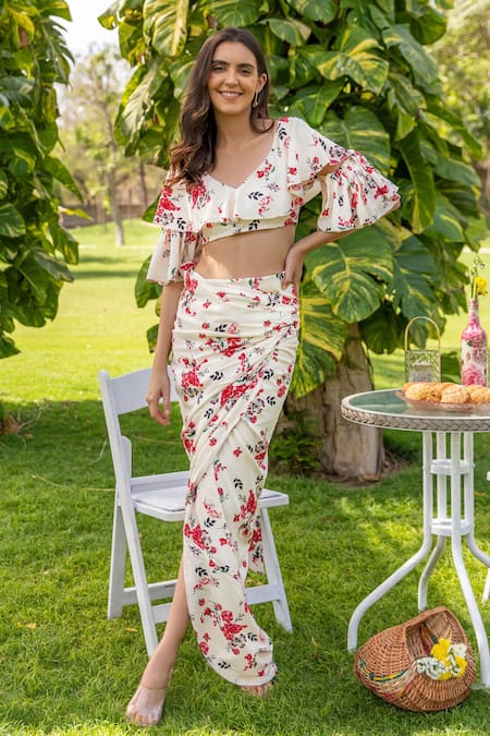 Viveca Two Piece Set - Bandeau Crop Top and Drop Waist Maxi Skirt in Rosie  Floral