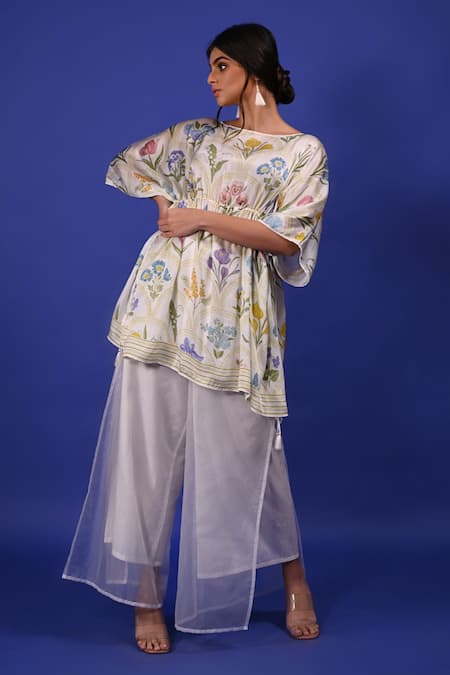Rimi Nayak White Modal, Satin Boat Neck Assorted Flower Print Kaftan Top 
