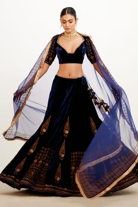 Devnaagri Blue Velvet And Organza Embroidered Zari Plunge V Neck Bridal Lehenga Set 