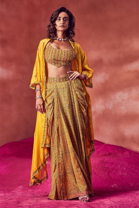 PUNIT BALANA Embroidered Cape & Printed Draped Skirt Set 