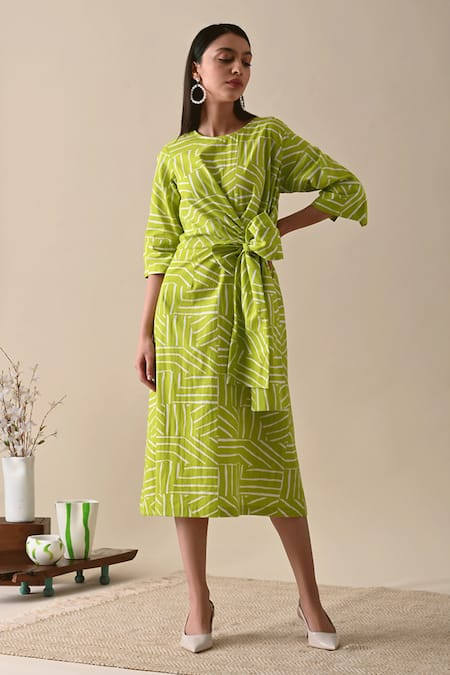 Kanelle Green Organic Cotton Printed Striped Round Claire Dress 