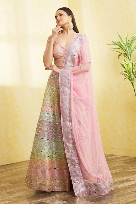 Vandana Sethi Multi Color Dupion Silk Embroidered Mirror And & Colorblock Bridal Lehenga Set 