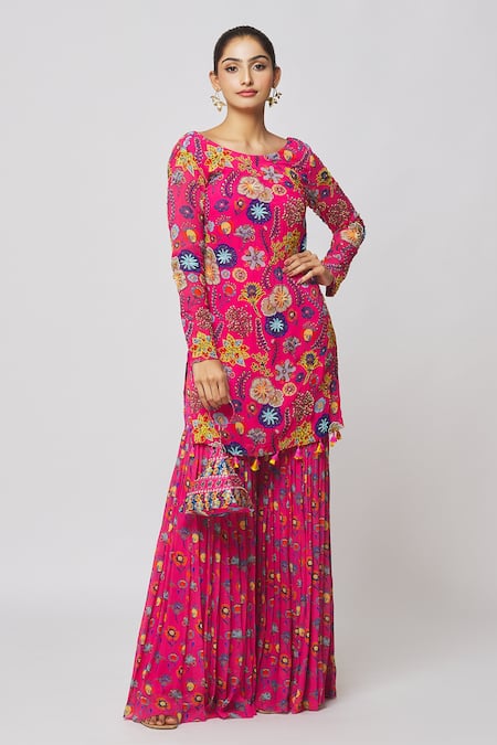 DiyaRajvvir Floral Jaal Print Kurta & Gharara Set 