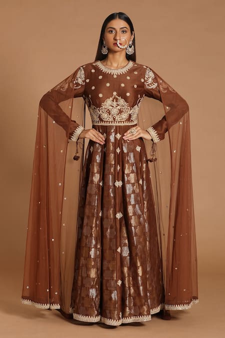 Rar Studio Brown Chanderi Handloom (50%silk X Dori Anarkali With Attached Cape  