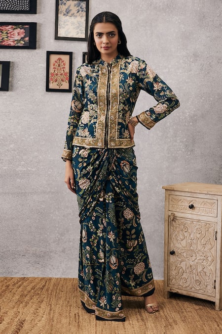 Soup by Sougat Paul Mehr Embroidered Jacket & Draped Skirt Set 