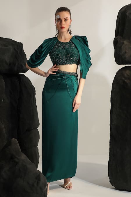 Jade By Ashima Green Crepe Blouse Hand Embroidery Crystal Round Neck Sea Urchin With Skirt