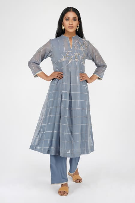 OMI Chanderi Chequered Pattern Kurta & Pant Set 