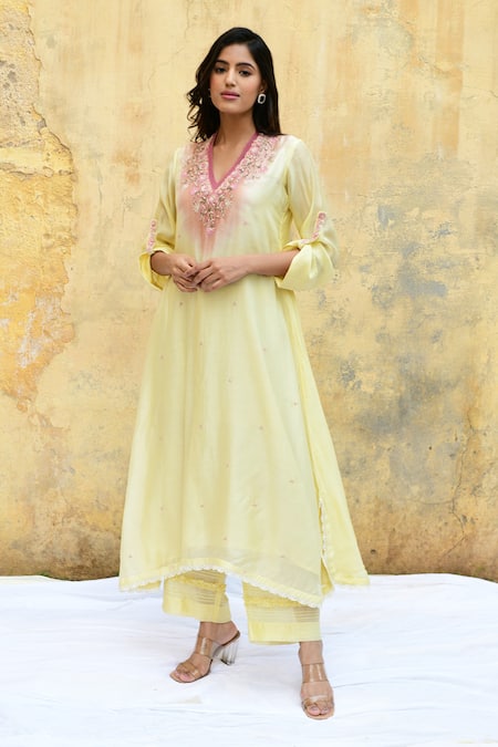 Yellow chikankari cotton kurta with white palazzo - Set of 2 | Priya  Chaudhary