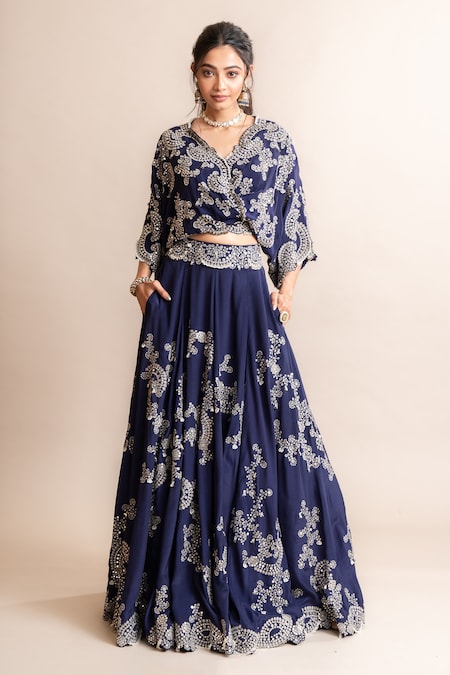 Nupur Kanoi Blue Crepe Hand Embroidery Mirror Work V Neck Lehenga And Kaftan Top Set  