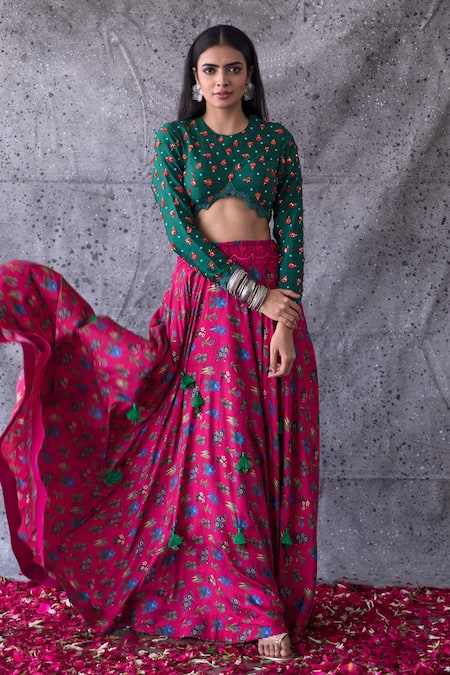 Shachi Sood Floral Print Skirt & Embroidered Blouse Set 