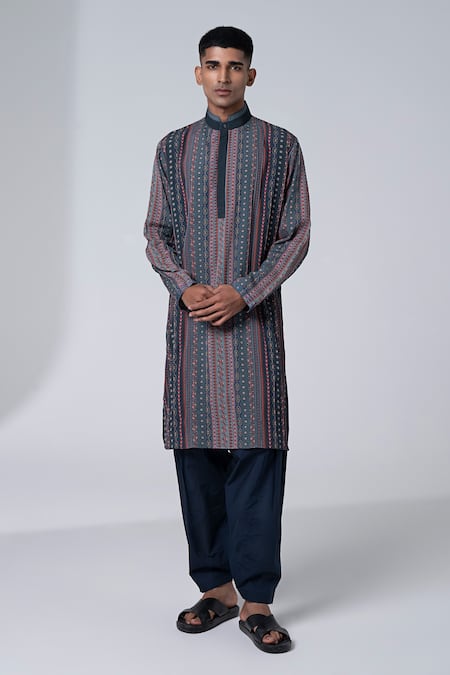 Siddhartha Bansal Grey Cotton Dobby Printed Autumn Shower Dixy Kurta Set  