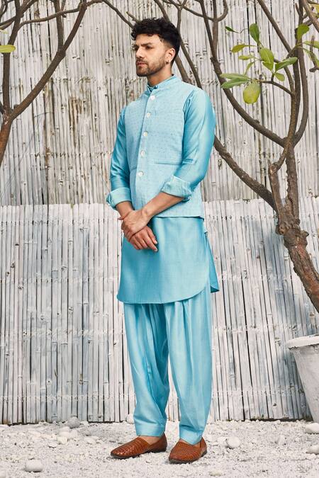 Charkhee Blue Jacket  Dobby Cotton Hand Embroidered Beads  