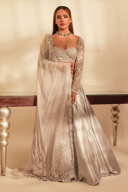 Premya By Manishii Grey Tulle Embroidery Blossom Sweetheart Neck Sequin Blouse Lehenga Set 