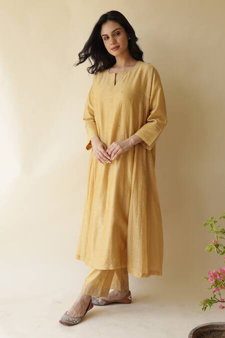 Shop_Rhua_Yellow Chanderi, , Satin, Silk Embroidery Adiba Mukaish Kurta Set _Online_at_Aza_Fashions