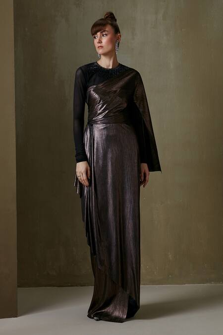 Buy Namrata Joshipura Brown Jersey Chain Streak Grecian Gown at Aza Fashions Buy_Namrata Joshipura_Brown Jersey Chain Streak Grecian Gown_at_Aza_Fashions