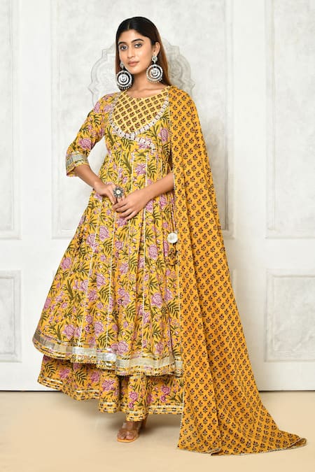 Adara Khan Cotton Floral Print Anarkali Set 