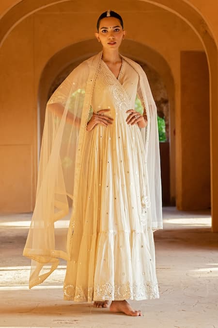 Preevin Off White Cotton, Tulle, Net Ruffle Hem Angrakha Anarkali With Dupatta 