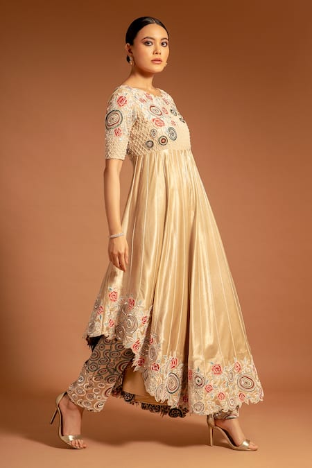 Sejal Kamdar Beige Pure Satin Crepe Embellished Ajrak Floral And Anarkali With Pant  