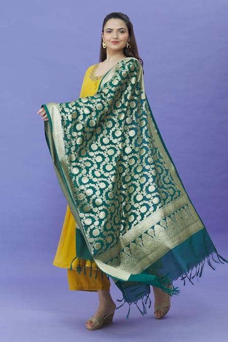 Naintara Bajaj Green Brocade, Silk Tassels Woven Floral Vine Pattern Dupatta
