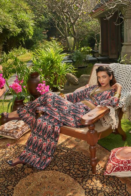 Buy Surily G Black Satin, Georgette Beads, Embroidery V-neck Ikat Print Wrap Top Online at Aza Fashions Buy_Surily G_Black Satin, Georgette Beads, Embroidery V-neck Ikat Print Wrap Top _Online_at_Aza_Fashions