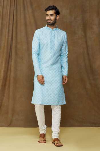 Buy Arihant Rai Sinha Blue Cotton, , Chanderi Embroidery Geometric Print Straight Kurta Set at Aza Fashions Buy_Arihant Rai Sinha_Blue Cotton, , Chanderi Embroidery Geometric Print Straight Kurta Set _at_Aza_Fashions