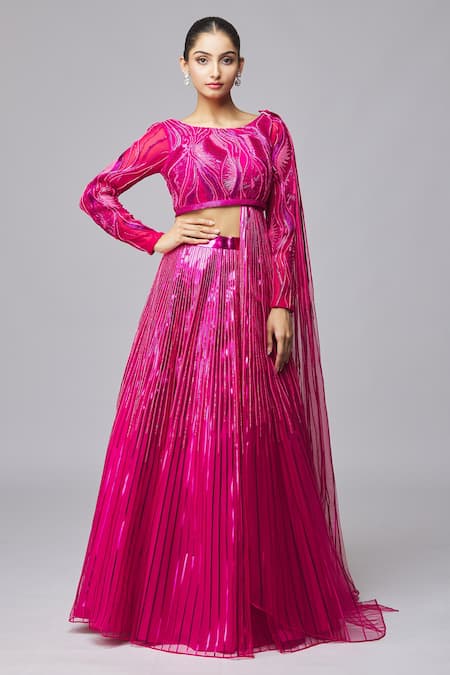 Amit Aggarwal_Fuchsia Tulle Beads, Metallic Thread Boat Neck Striped Lehenga Set _at_Aza_Fashions