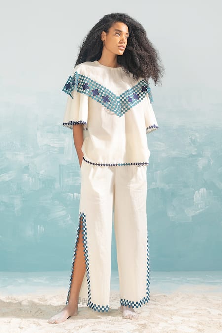 Ikai by Ragini Ahuja Ivory Cotton Silk Chanderi Applique Round Nile Cape Style Top  