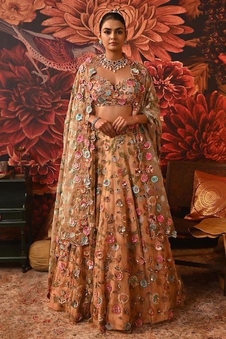 Moledro Peach Embroidered Applique Sweetheart Neck Bahaar Blooming Bridal Lehenga Set 