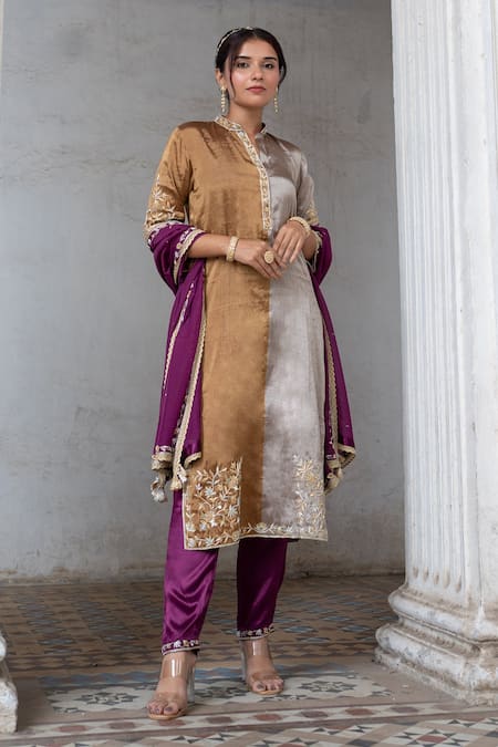 Sheela Suthar Silver Tissue Embroidery Stripe Band Collar Kurta Pant Set 