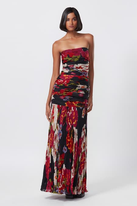 Saaksha & Kinni Abstract Floral Print Strapless Gown 