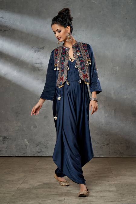 Aditi Somani_Blue Jacket Modal Satin, Jumpsuit Silk Suede Sequins, Draped With Embroidered_Online_at_Aza_Fashions