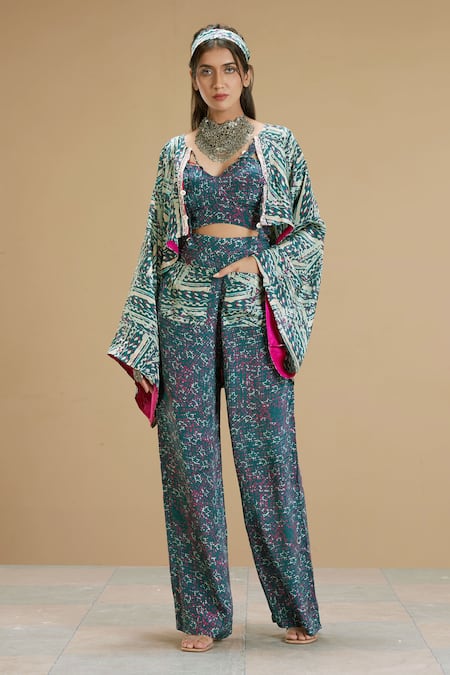 AFFROZ Abstract Print Crop Top Pant Set 