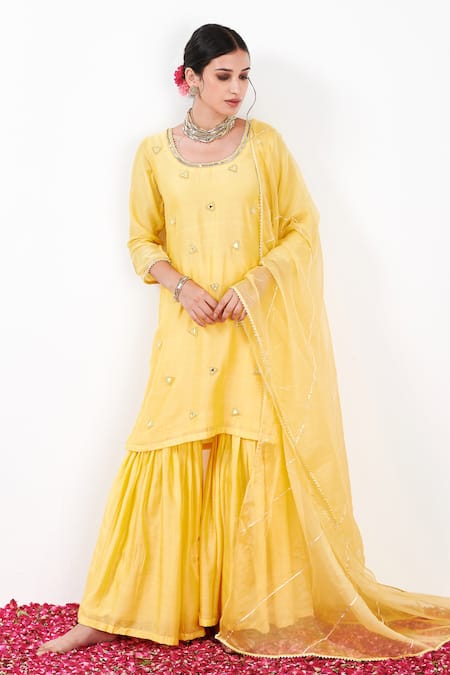 Label Flamingo By Vrinda Yellow Cotton, Silk, Organza Pearls, Sequins, Mirrorwork Kurta Sharara Set 