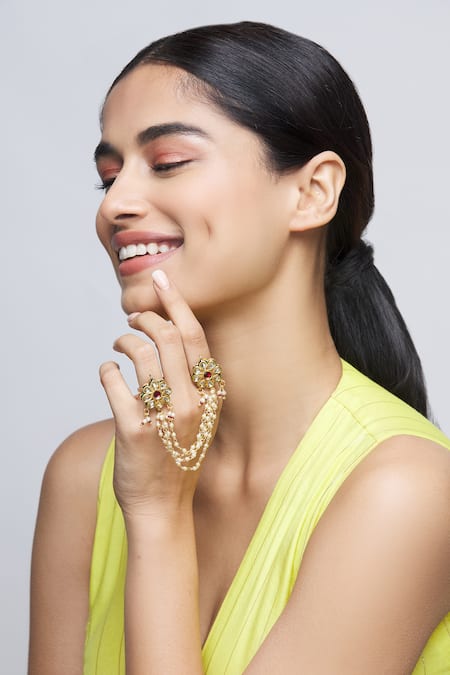 Just Shradhas Gold Plated Pearls, Beads, Gota Patti Kundan Floral Ring